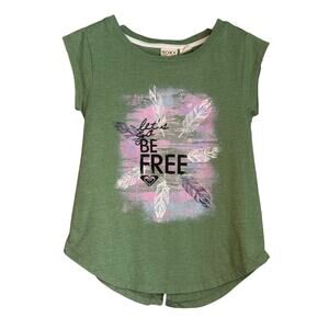 Roxy Girl T-Shirt Size 8 Green Pink Feather “Let’s Be Free” Open Back Tee